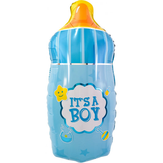 Balon din Folie Metalizata, Mini Figurina Biberon, Model It's a Boy, Tematica Gender Reveal, 44x20 cm, Ambalaj Individual, Pai Inclus, Umflare cu Aer sau Heliu, Albastru