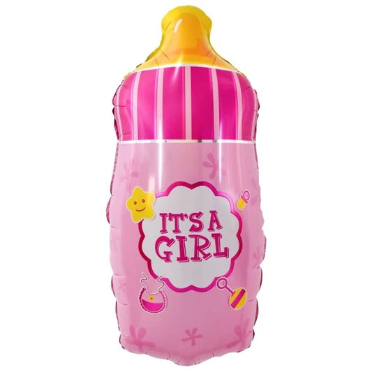 Balon din Folie Metalizata, Mini Figurina Biberon, Model It's a Girl, Tematica Gender Reveal, 44x20 cm, Ambalaj Individual, Pai Inclus, Umflare cu Aer sau Heliu, Roz