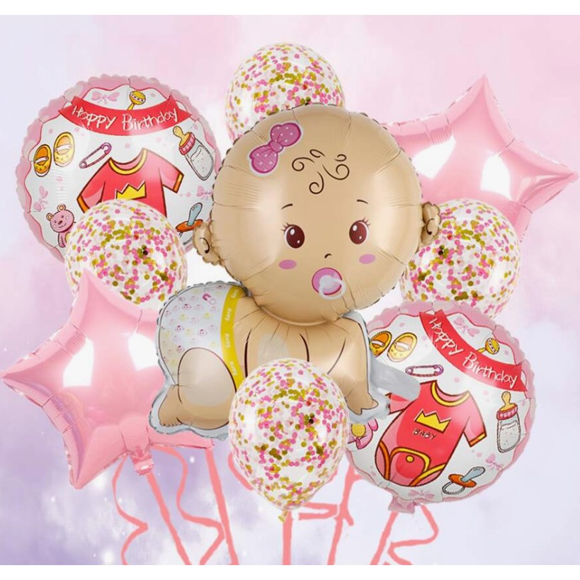 Balon din Folie Metalizata, Mini Figurina, Model Bebelus Fetita, Tematica Gender Reveal, 45x25 cm, Ambalaj Individual, Pai Inclus, Umflare cu Aer sau Heliu, Multicolor