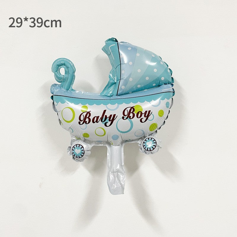 Balon din Folie Metalizata, Mini Figurina, Model Carucior Bebelus, Tematica Gender Reveal, 39x29 cm, Ambalaj Individual, Pai Inclus, Umflare cu Aer sau Heliu, Albastru