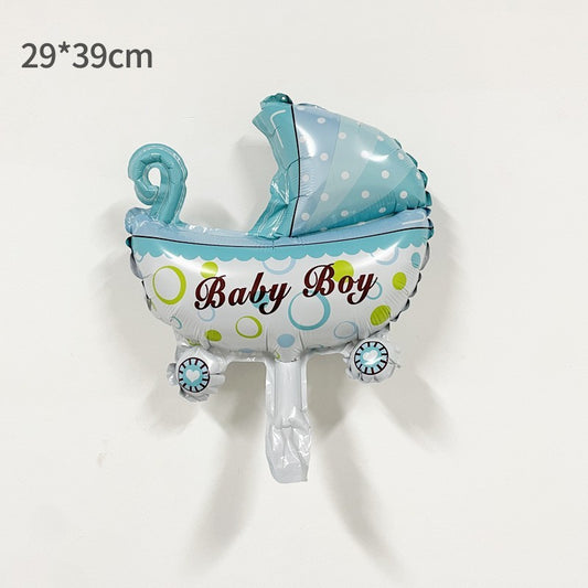 Balon din Folie Metalizata, Mini Figurina, Model Carucior Bebelus, Tematica Gender Reveal, 39x29 cm, Ambalaj Individual, Pai Inclus, Umflare cu Aer sau Heliu, Albastru
