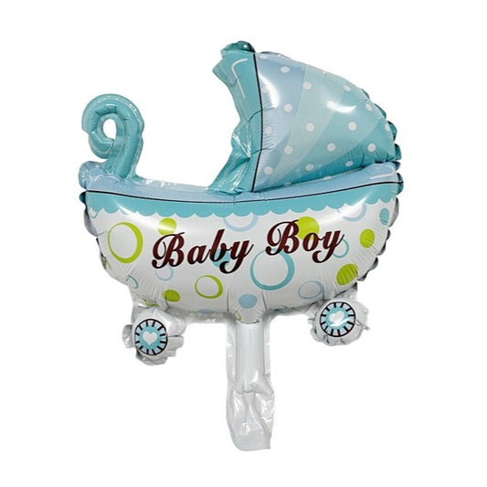 Balon din Folie Metalizata, Mini Figurina, Model Carucior Bebelus, Tematica Gender Reveal, 39x29 cm, Ambalaj Individual, Pai Inclus, Umflare cu Aer sau Heliu, Albastru