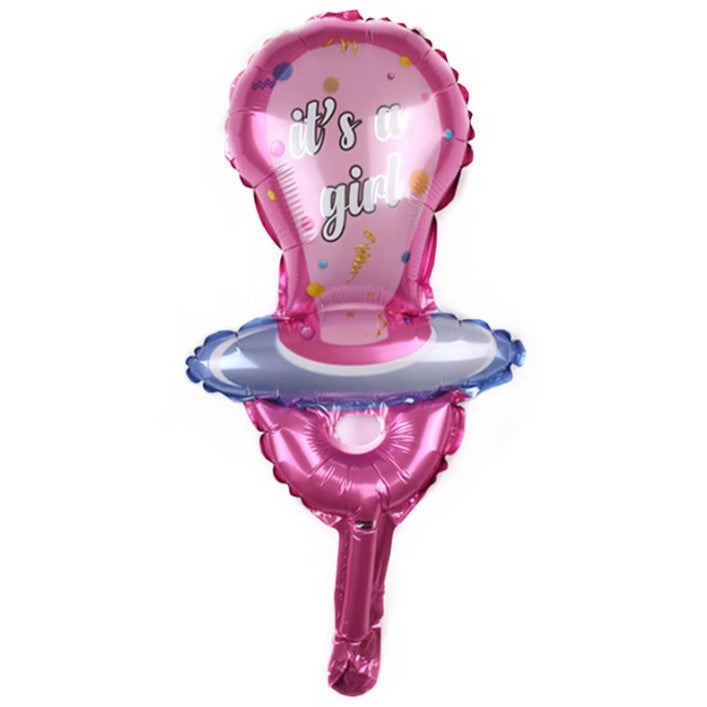 Balon din Folie Metalizata, Mini Figurina, Model Suzeta, Tematica Gender Reveal, 23x50 cm, Ambalaj Individual, Pai Inclus, Umflare cu Aer sau Heliu, Roz