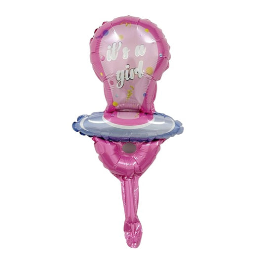 Balon din Folie Metalizata, Mini Figurina, Model Suzeta, Tematica Gender Reveal, 23x50 cm, Ambalaj Individual, Pai Inclus, Umflare cu Aer sau Heliu, Roz