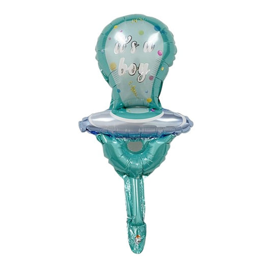 Balon din Folie Metalizata, Mini Figurina, Model Suzeta, Tematica Gender Reveal, 23x50 cm, Ambalaj Individual, Pai Inclus, Umflare cu Aer sau Heliu, Albastru