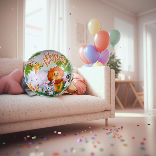 Balon din Folie Metalizata, Mini Figurina Rotunda, Model Animalute, Happy Birthday, Tematica Aniversare, 45 cm, Ambalaj Individual, Pai Inclus, Umflare cu Aer sau Heliu, Multicolor