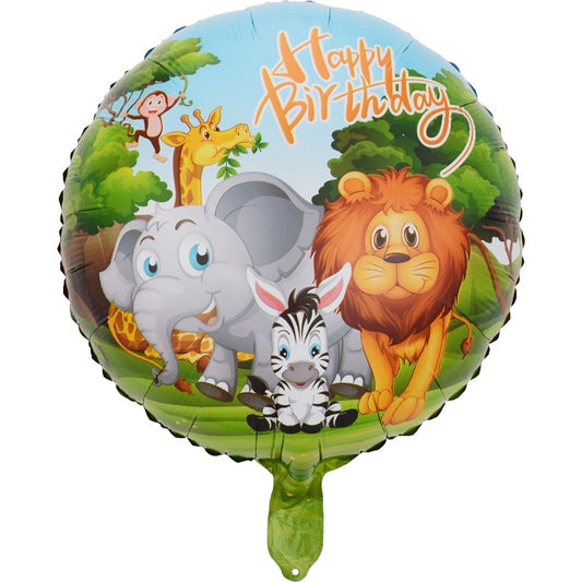 Balon din Folie Metalizata, Mini Figurina Rotunda, Model Animalute, Happy Birthday, Tematica Aniversare, 45 cm, Ambalaj Individual, Pai Inclus, Umflare cu Aer sau Heliu, Multicolor