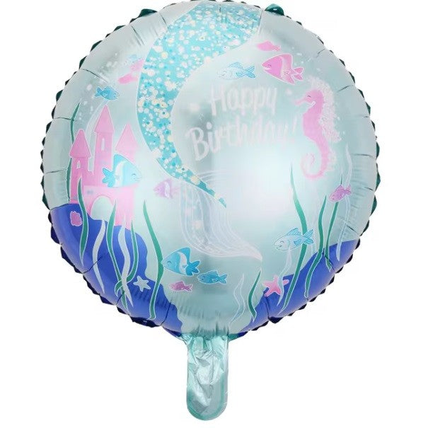 Balon din Folie Metalizata, Mini Figurina Rotunda, Model Caluti de Mare, Happy Birthday, Tematica Aniversare, 45 cm, Ambalaj Individual, Pai Inclus, Umflare cu Aer sau Heliu, Multicolor