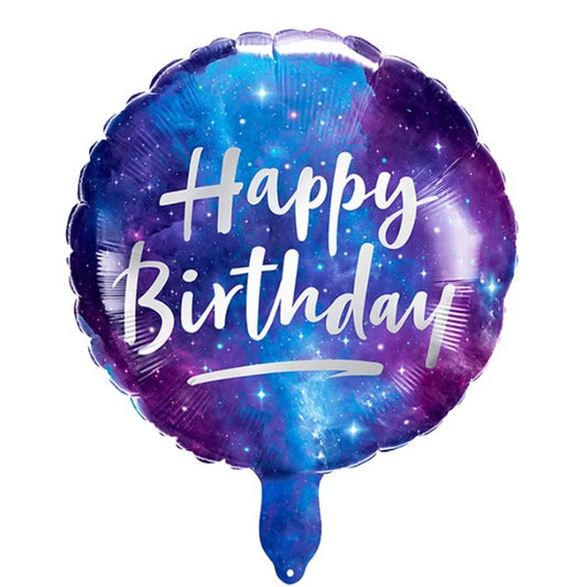 Balon din Folie Metalizata, Mini Figurina Rotunda, Model Cer Instelat, Happy Birthday, Tematica Aniversare, 45 cm, Ambalaj Individual, Pai Inclus, Umflare cu Aer sau Heliu, Multicolor