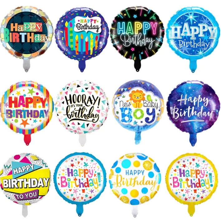 Balon din Folie Metalizata, Mini Figurina Rotunda, Model Cer Instelat, Happy Birthday, Tematica Aniversare, 45 cm, Ambalaj Individual, Pai Inclus, Umflare cu Aer sau Heliu, Multicolor