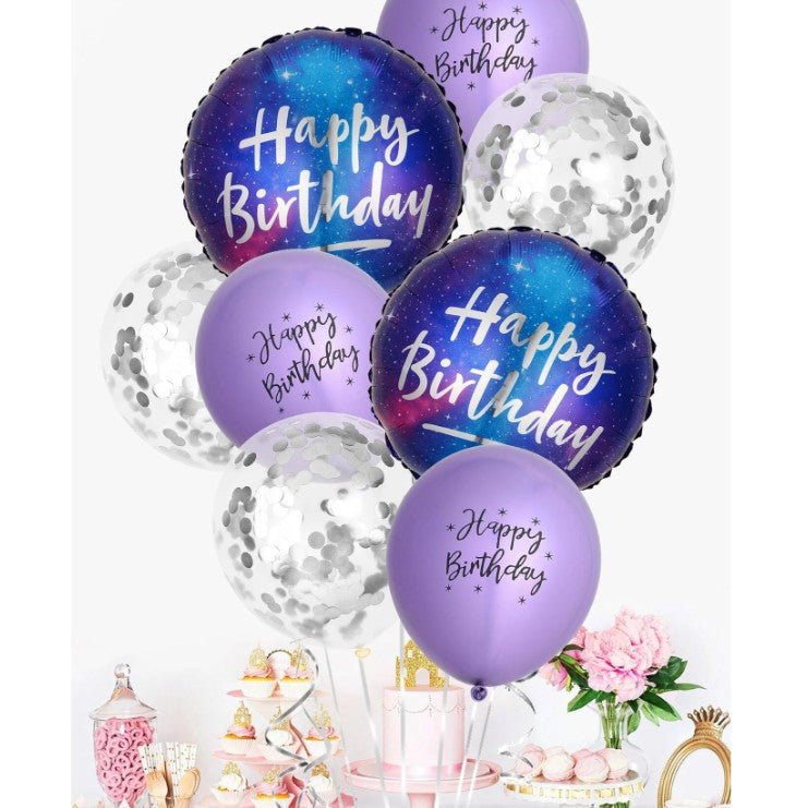 Balon din Folie Metalizata, Mini Figurina Rotunda, Model Cer Instelat, Happy Birthday, Tematica Aniversare, 45 cm, Ambalaj Individual, Pai Inclus, Umflare cu Aer sau Heliu, Multicolor
