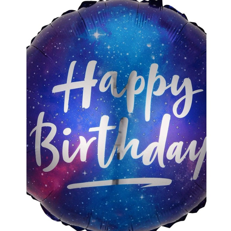 Balon din Folie Metalizata, Mini Figurina Rotunda, Model Cer Instelat, Happy Birthday, Tematica Aniversare, 45 cm, Ambalaj Individual, Pai Inclus, Umflare cu Aer sau Heliu, Multicolor