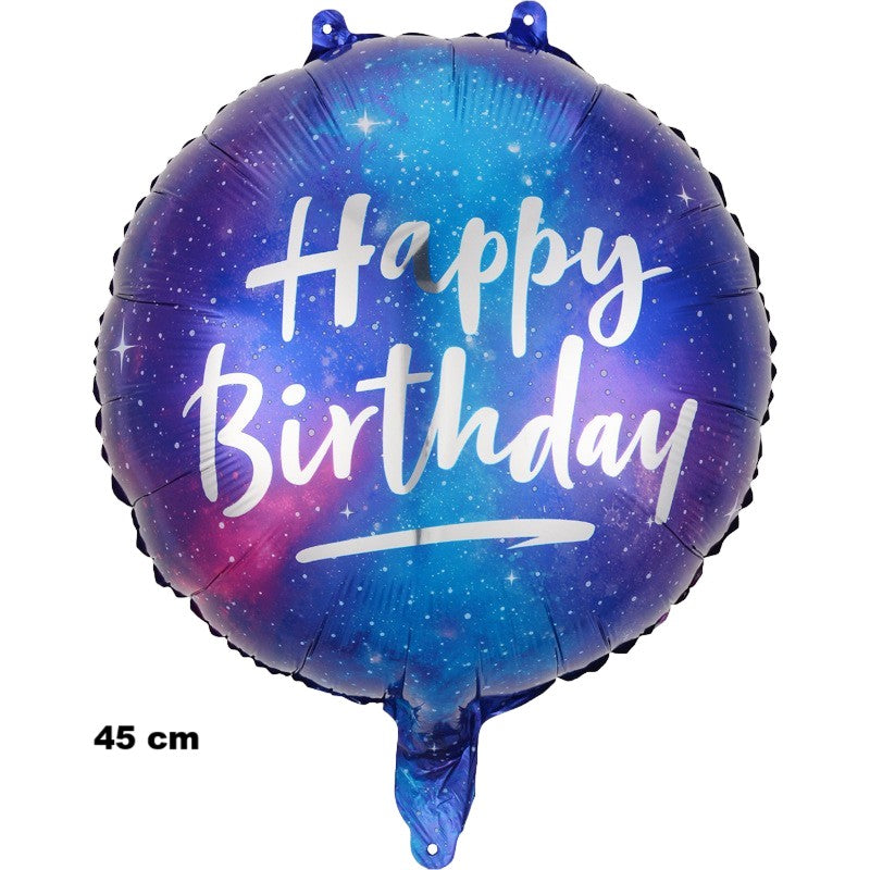 Balon din Folie Metalizata, Mini Figurina Rotunda, Model Cer Instelat, Happy Birthday, Tematica Aniversare, 45 cm, Ambalaj Individual, Pai Inclus, Umflare cu Aer sau Heliu, Multicolor