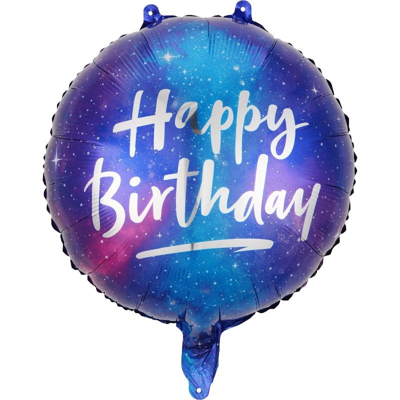 Balon din Folie Metalizata, Mini Figurina Rotunda, Model Cer Instelat, Happy Birthday, Tematica Aniversare, 45 cm, Ambalaj Individual, Pai Inclus, Umflare cu Aer sau Heliu, Multicolor