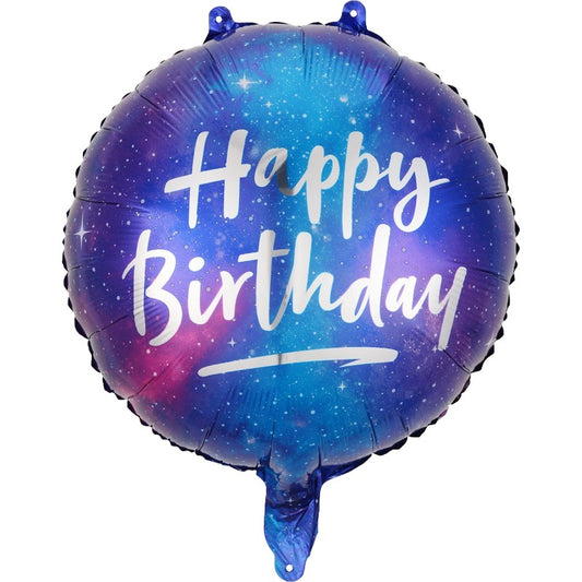 Balon din Folie Metalizata, Mini Figurina Rotunda, Model Cer Instelat, Happy Birthday, Tematica Aniversare, 45 cm, Ambalaj Individual, Pai Inclus, Umflare cu Aer sau Heliu, Multicolor
