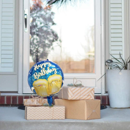 Balon din Folie Metalizata, Mini Figurina Rotunda, Model Halbe de Bere, Happy Birthday, Tematica Aniversare, 45 cm, Ambalaj Individual, Pai Inclus, Umflare cu Aer sau Heliu, Albastru