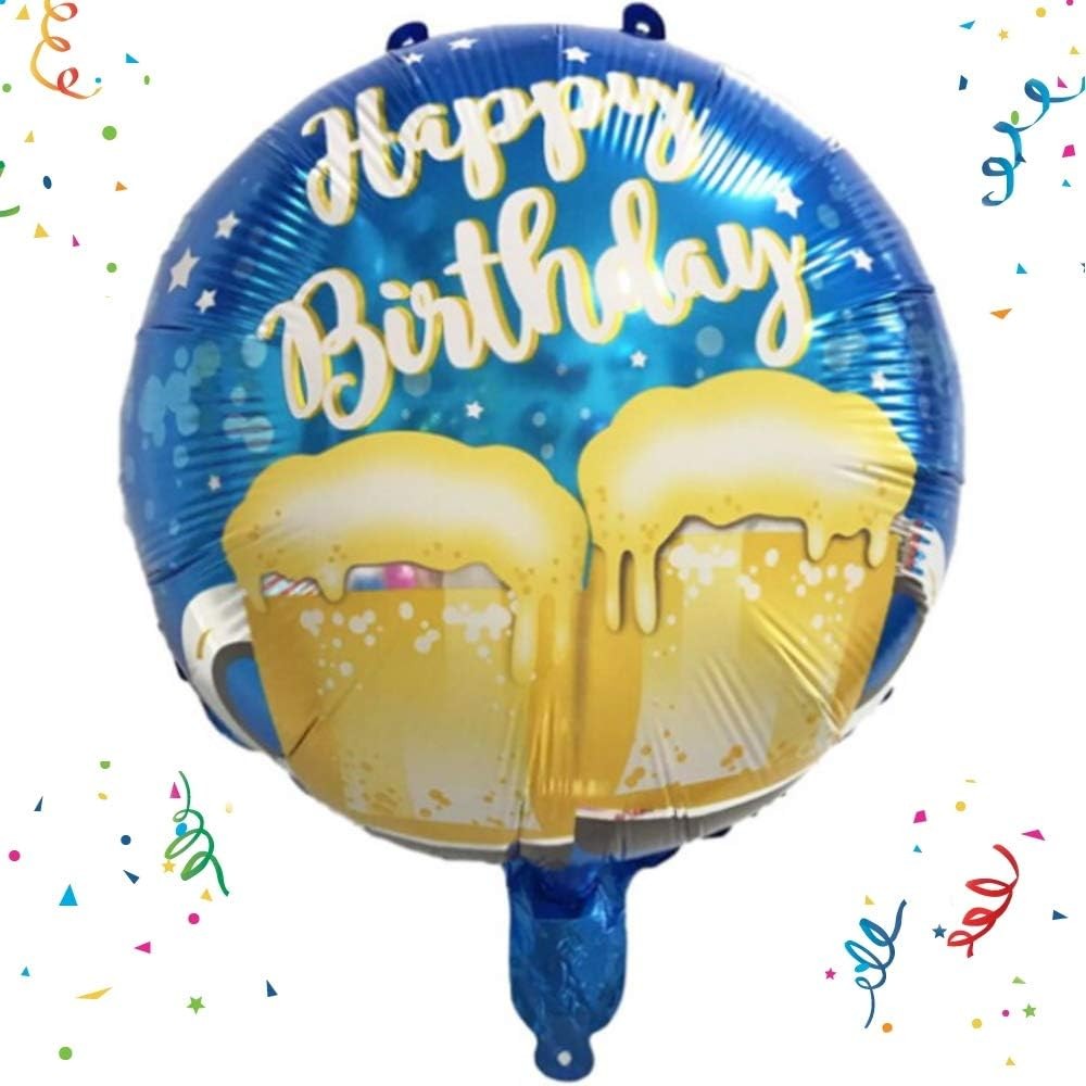 Balon din Folie Metalizata, Mini Figurina Rotunda, Model Halbe de Bere, Happy Birthday, Tematica Aniversare, 45 cm, Ambalaj Individual, Pai Inclus, Umflare cu Aer sau Heliu, Albastru