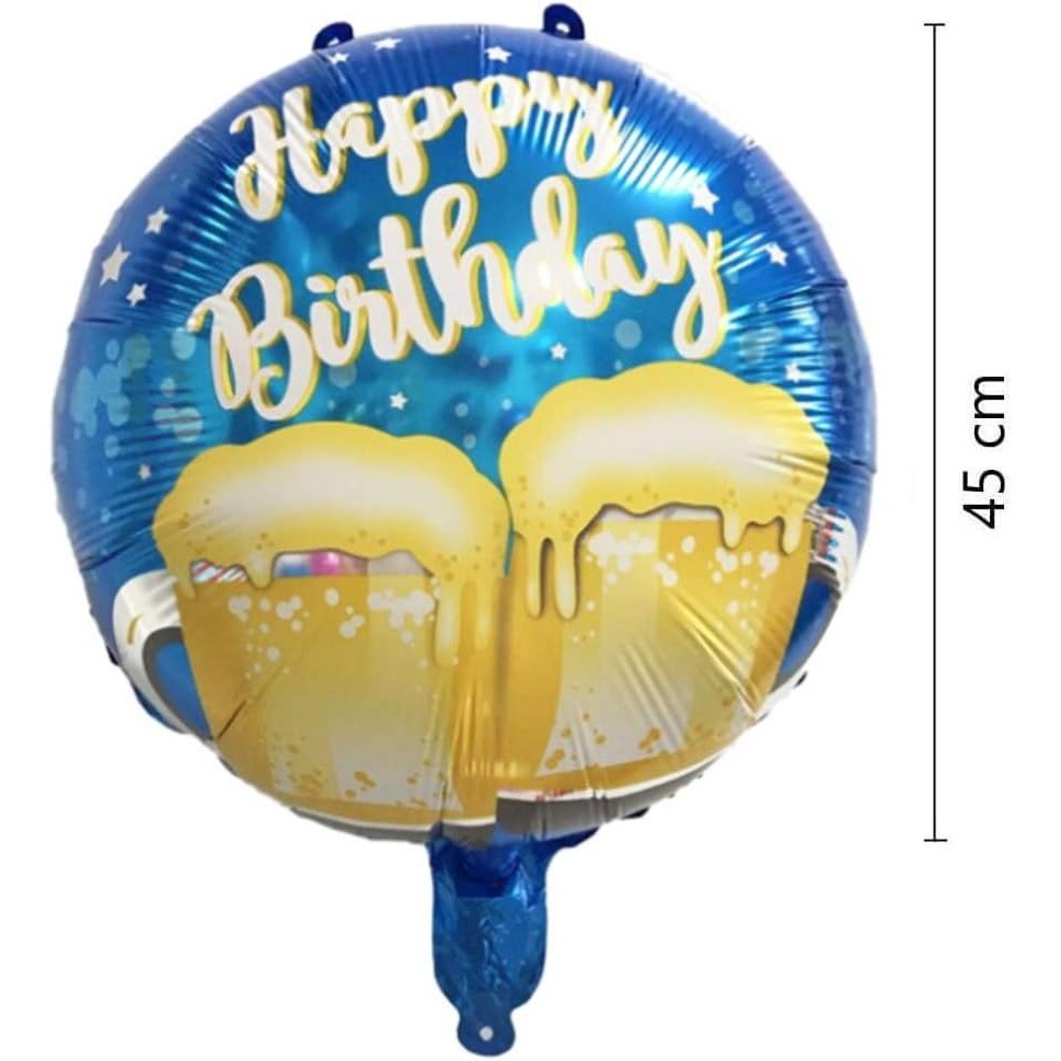 Balon din Folie Metalizata, Mini Figurina Rotunda, Model Halbe de Bere, Happy Birthday, Tematica Aniversare, 45 cm, Ambalaj Individual, Pai Inclus, Umflare cu Aer sau Heliu, Albastru