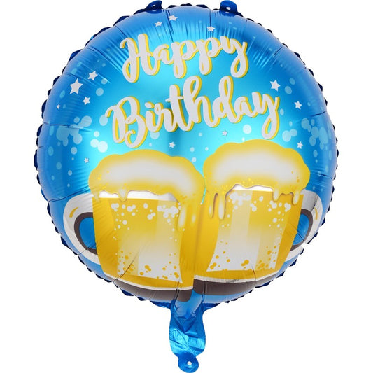 Balon din Folie Metalizata, Mini Figurina Rotunda, Model Halbe de Bere, Happy Birthday, Tematica Aniversare, 45 cm, Ambalaj Individual, Pai Inclus, Umflare cu Aer sau Heliu, Albastru