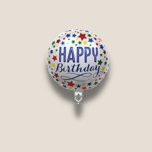 Balon din Folie Metalizata, Mini Figurina Rotunda, Model Happy Birthday, Tema Aniversare, 45 cm, Ambalaj Individual, Pai inclus, Umflare cu Aer sau Heliu, Multicolor