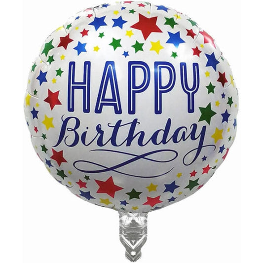 Balon din Folie Metalizata, Mini Figurina Rotunda, Model Happy Birthday, Tema Aniversare, 45 cm, Ambalaj Individual, Pai inclus, Umflare cu Aer sau Heliu, Multicolor