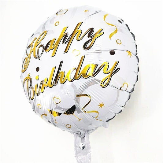 Balon din Folie Metalizata, Mini Figurina Rotunda, Model Happy Birthday, Tema Aniversare, 45 cm, Ambalaj Individual, Pai inclus, Umflare cu Aer sau Heliu, Argintiu