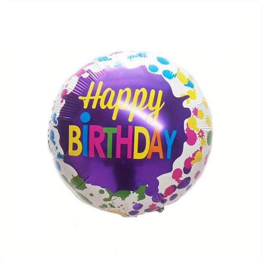 Set 3 Baloane din Folie Metalizata, Mini Figurina Rotunda, Model Happy Birthday, 45 cm, Ambalaj Individual, Pai inclus, Umflare cu Aer sau cu Heliu, Multicolor