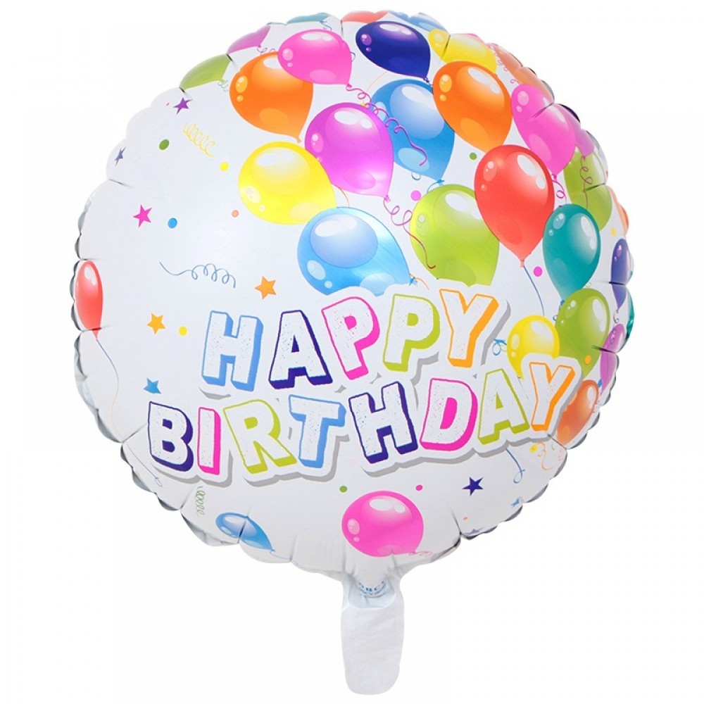 Set 3 Baloane din Folie Metalizata, Mini Figurina Rotunda, Model Happy Birthday, 45 cm, Ambalaj Individual, Pai inclus, Umflare cu Aer sau cu Heliu, Multicolor
