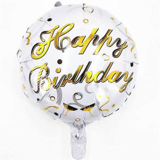 Balon din Folie Metalizata, Mini Figurina Rotunda, Model Happy Birthday, Tema Aniversare, 45 cm, Ambalaj Individual, Pai inclus, Umflare cu Aer sau Heliu, Argintiu