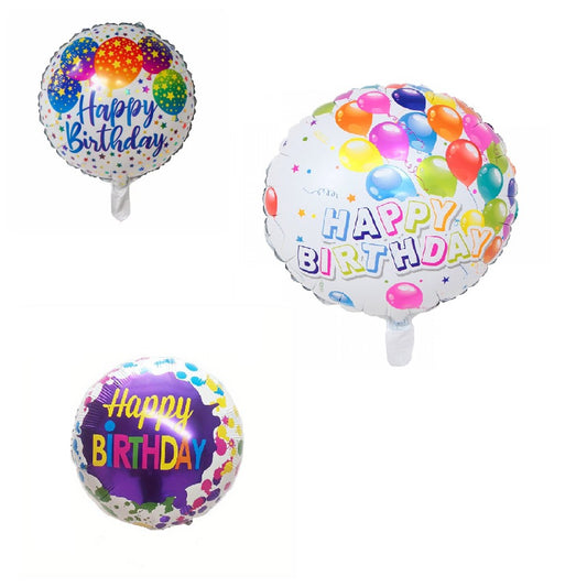 Set 3 Baloane din Folie Metalizata, Mini Figurina Rotunda, Model Happy Birthday, 45 cm, Ambalaj Individual, Pai inclus, Umflare cu Aer sau cu Heliu, Multicolor