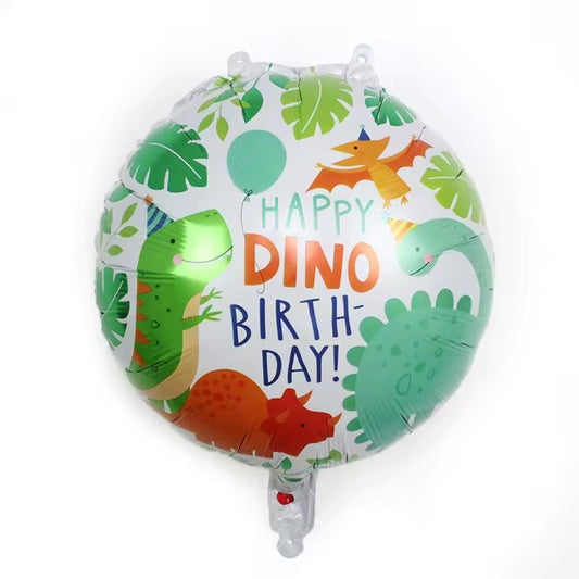 Balon din Folie Metalizata, Mini Figurina Rotunda, Model Happy Birthday cu Dinozauri, Tema Aniversare, 45 cm, Ambalaj Individual, Pai inclus, Umflare cu Aer sau Heliu, Multicolor