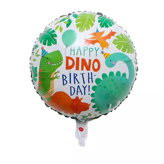 Balon din Folie Metalizata, Mini Figurina Rotunda, Model Happy Birthday cu Dinozauri, Tema Aniversare, 45 cm, Ambalaj Individual, Pai inclus, Umflare cu Aer sau Heliu, Multicolor