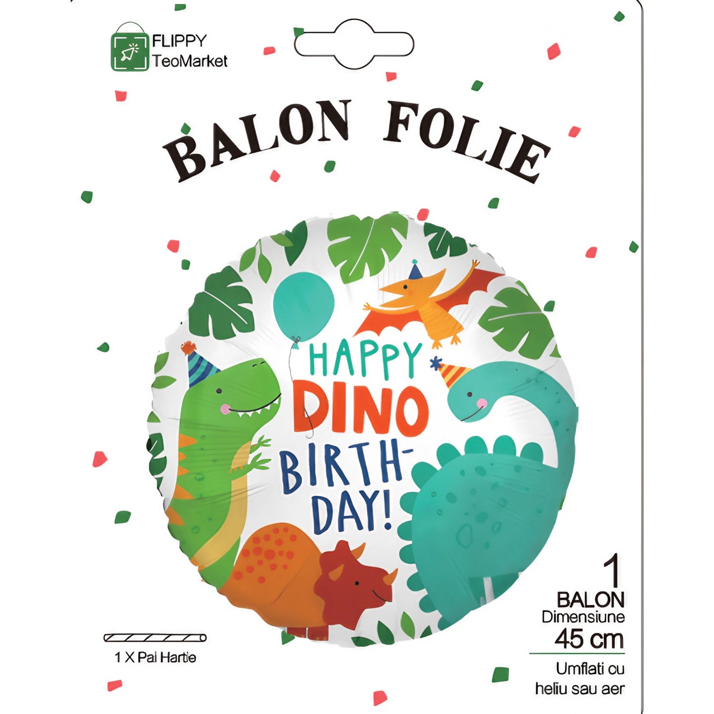 Balon din Folie Metalizata, Mini Figurina Rotunda, Model Happy Birthday cu Dinozauri, Tema Aniversare, 45 cm, Ambalaj Individual, Pai inclus, Umflare cu Aer sau Heliu, Multicolor