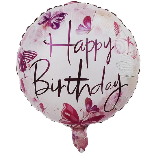 Balon din Folie Metalizata, Mini Figurina Rotunda, Model Happy Birthday Fluturasi, Tema Aniversare, 45 cm, Ambalaj Individual, Pai inclus, Umflare cu Aer sau Heliu, Roz