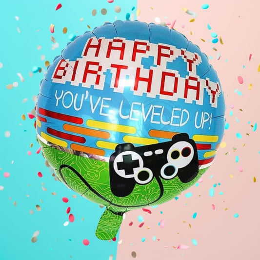 Balon din Folie Metalizata, Mini Figurina Rotunda, Model Happy Birthday Gamer, Tema Aniversare, 45 cm, Ambalaj Individual, Pai inclus, Umflare cu Aer sau Heliu, Albastru