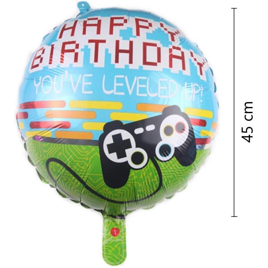 Balon din Folie Metalizata, Mini Figurina Rotunda, Model Happy Birthday Gamer, Tema Aniversare, 45 cm, Ambalaj Individual, Pai inclus, Umflare cu Aer sau Heliu, Albastru