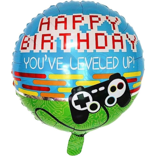 Balon din Folie Metalizata, Mini Figurina Rotunda, Model Happy Birthday Gamer, Tema Aniversare, 45 cm, Ambalaj Individual, Pai inclus, Umflare cu Aer sau Heliu, Albastru