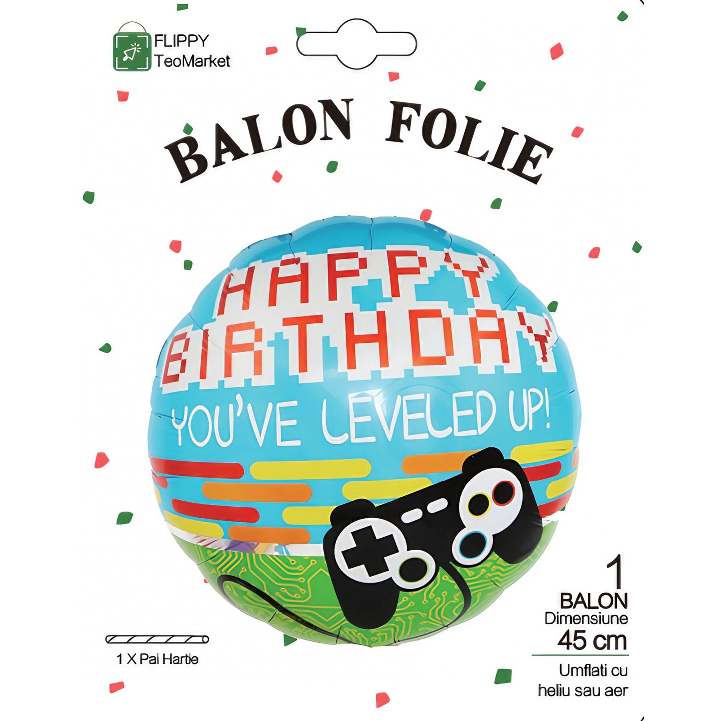 Balon din Folie Metalizata, Mini Figurina Rotunda, Model Happy Birthday Gamer, Tema Aniversare, 45 cm, Ambalaj Individual, Pai inclus, Umflare cu Aer sau Heliu, Albastru