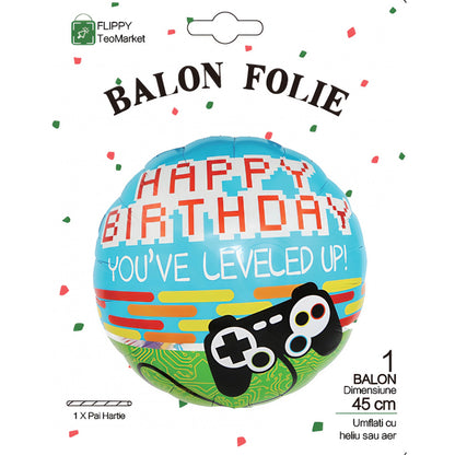Balon din Folie Metalizata, Mini Figurina Rotunda, Model Happy Birthday Gamer, Tema Aniversare, 45 cm, Ambalaj Individual, Pai inclus, Umflare cu Aer sau Heliu, Albastru