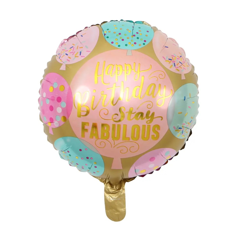 Balon din Folie Metalizata, Mini Figurina Rotunda, Model Happy Birthday Stay Fabulous, Tematica Aniversare, 45 cm, Ambalaj Individual, Pai Inclus, Umflare cu Aer sau Heliu, Multicolor