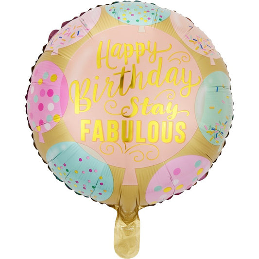 Balon din Folie Metalizata, Mini Figurina Rotunda, Model Happy Birthday Stay Fabulous, Tematica Aniversare, 45 cm, Ambalaj Individual, Pai Inclus, Umflare cu Aer sau Heliu, Multicolor