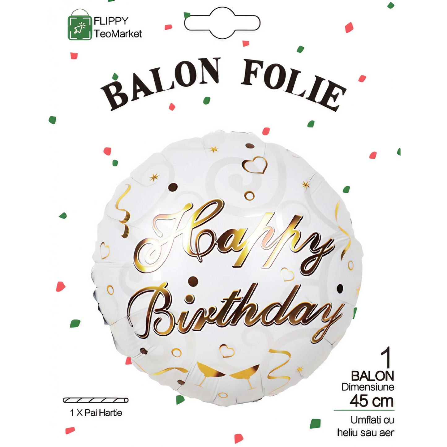 Balon din Folie Metalizata, Mini Figurina Rotunda, Model Happy Birthday, Tema Aniversare, 45 cm, Ambalaj Individual, Pai inclus, Umflare cu Aer sau Heliu, Argintiu