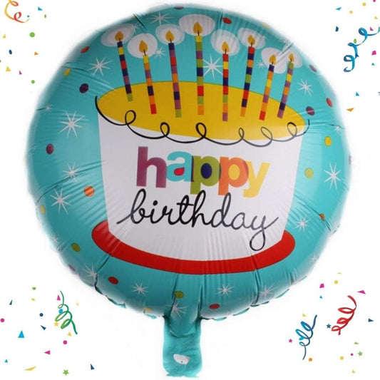 Balon din Folie Metalizata, Mini Figurina Rotunda, Model Happy Birthday Tort, Tema Aniversare, 45 cm, Ambalaj Individual, Pai inclus, Umflare cu Aer sau Heliu, Albastru