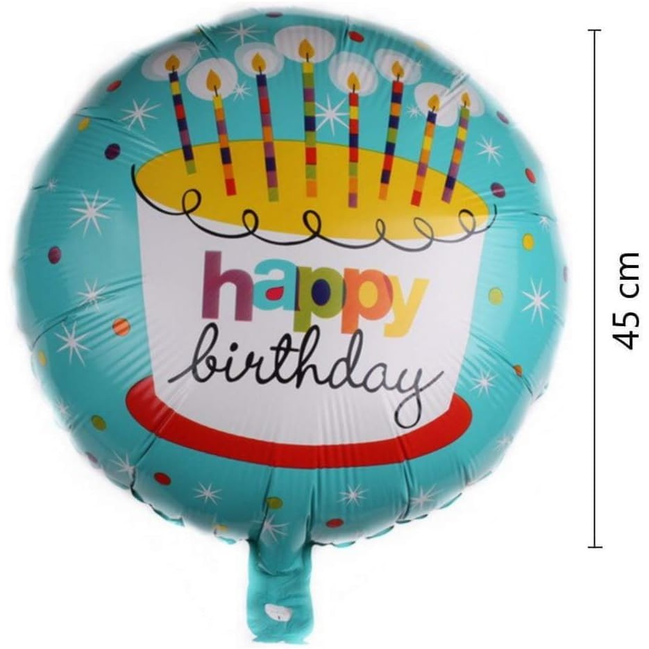 Balon din Folie Metalizata, Mini Figurina Rotunda, Model Happy Birthday Tort, Tema Aniversare, 45 cm, Ambalaj Individual, Pai inclus, Umflare cu Aer sau Heliu, Albastru