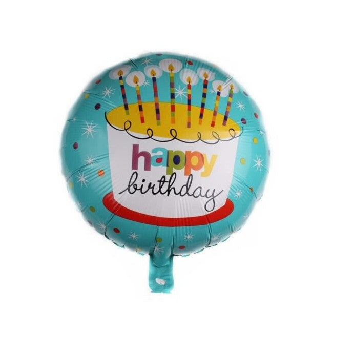 Balon din Folie Metalizata, Mini Figurina Rotunda, Model Happy Birthday Tort, Tema Aniversare, 45 cm, Ambalaj Individual, Pai inclus, Umflare cu Aer sau Heliu, Albastru