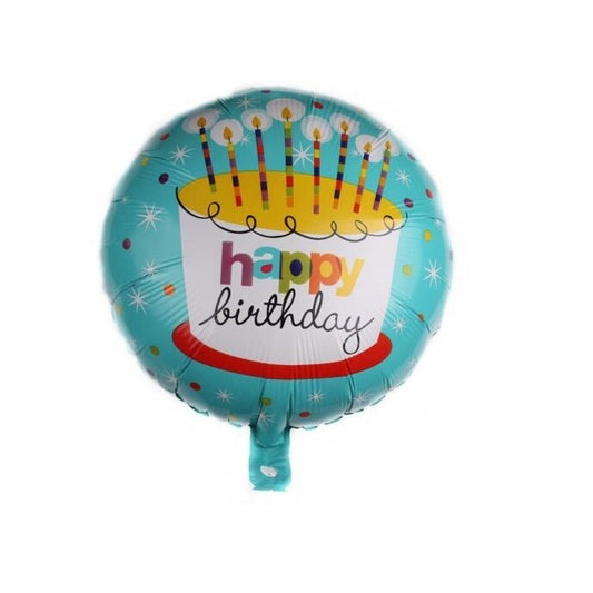 Balon din Folie Metalizata, Mini Figurina Rotunda, Model Happy Birthday Tort, Tema Aniversare, 45 cm, Ambalaj Individual, Pai inclus, Umflare cu Aer sau Heliu, Albastru