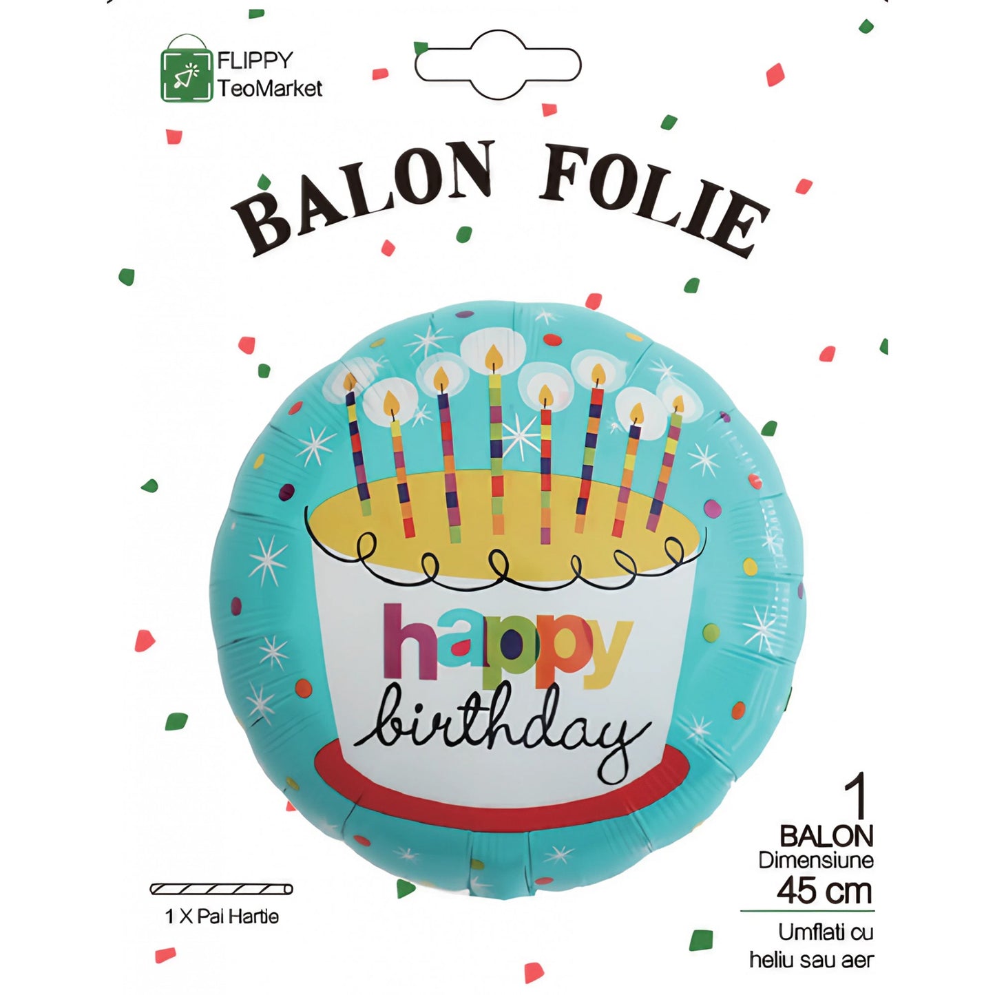 Balon din Folie Metalizata, Mini Figurina Rotunda, Model Happy Birthday Tort, Tema Aniversare, 45 cm, Ambalaj Individual, Pai inclus, Umflare cu Aer sau Heliu, Albastru