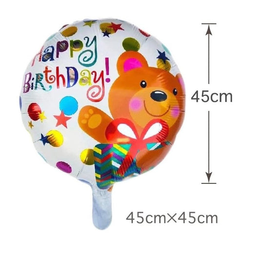 Balon din Folie Metalizata, Mini Figurina Rotunda, Model Happy Birthday Ursulet, Tema Aniversare, 45 cm, Ambalaj Individual, Pai inclus, Umflare cu Aer sau Heliu, Maro