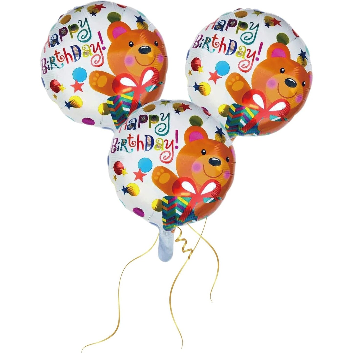 Balon din Folie Metalizata, Mini Figurina Rotunda, Model Happy Birthday Ursulet, Tema Aniversare, 45 cm, Ambalaj Individual, Pai inclus, Umflare cu Aer sau Heliu, Maro
