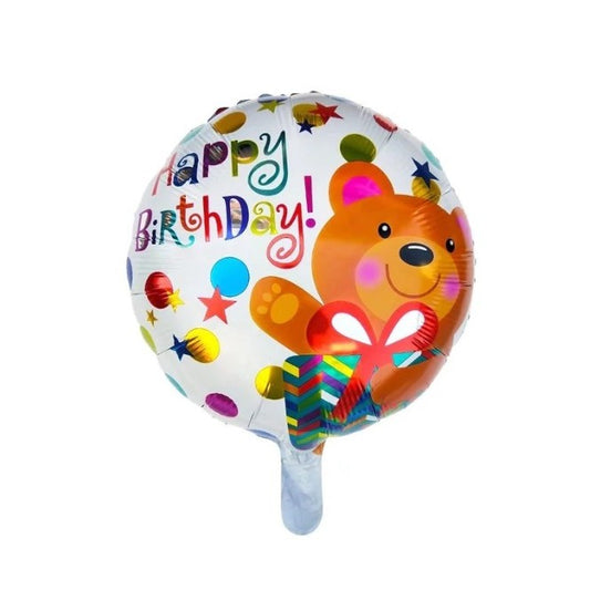 Balon din Folie Metalizata, Mini Figurina Rotunda, Model Happy Birthday Ursulet, Tema Aniversare, 45 cm, Ambalaj Individual, Pai inclus, Umflare cu Aer sau Heliu, Maro